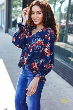 Load image into Gallery viewer, Lovely In Navy Floral Print Smocked Bubble Sleeve Woven Top
