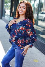 Load image into Gallery viewer, Lovely In Navy Floral Print Smocked Bubble Sleeve Woven Top
