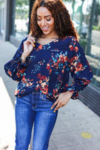 Load image into Gallery viewer, Lovely In Navy Floral Print Smocked Bubble Sleeve Woven Top
