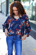 Load image into Gallery viewer, Lovely In Navy Floral Print Smocked Bubble Sleeve Woven Top
