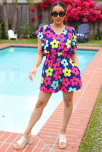 Load image into Gallery viewer, Feeling Bold Navy &amp; Fuchsia Flat Floral Smocked Waist Flutter Sleeve Romper
