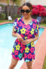 Load image into Gallery viewer, Feeling Bold Navy &amp; Fuchsia Flat Floral Smocked Waist Flutter Sleeve Romper
