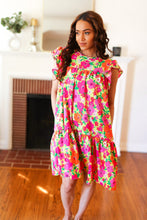 Load image into Gallery viewer, Be Charming Lime &amp; Pink Floral Print Tiered Ruffle Sleeve Dress
