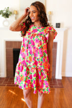 Load image into Gallery viewer, Be Charming Lime &amp; Pink Floral Print Tiered Ruffle Sleeve Dress
