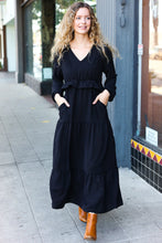 Load image into Gallery viewer, Beautiful You Black Pintuck Detail Frill V Neck Maxi Dress
