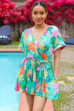 Load image into Gallery viewer, Tropical Vibes Turquoise Floral Surplice Tie Waist Romper
