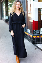 Load image into Gallery viewer, Beautiful You Black Pintuck Detail Frill V Neck Maxi Dress
