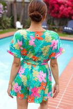 Load image into Gallery viewer, Tropical Vibes Turquoise Floral Surplice Tie Waist Romper
