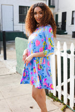 Load image into Gallery viewer, Chasing Dreams Blue Floral Print Three-Quarter Sleeve Frock Dress
