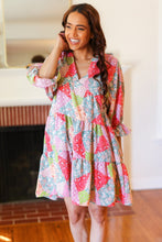 Load image into Gallery viewer, Look Of Love Lime &amp; Coral Patchwork Print V Neck Dress
