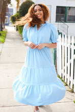 Load image into Gallery viewer, Follow Me Aqua Frill Notch Neck Shirred Waist Tiered Maxi Dress
