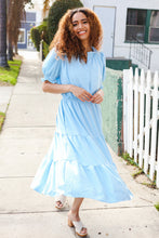 Load image into Gallery viewer, Follow Me Aqua Frill Notch Neck Shirred Waist Tiered Maxi Dress
