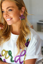 Load image into Gallery viewer, Mardi Gras Sequin &amp; Beaded Crown Dangle Earrings
