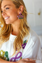 Load image into Gallery viewer, Mardi Gras Sequin &amp; Beaded Crown Dangle Earrings
