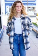 Load image into Gallery viewer, Boldly You Navy Plaid Fringe Button Down Shacket
