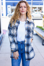 Load image into Gallery viewer, Boldly You Navy Plaid Fringe Button Down Shacket
