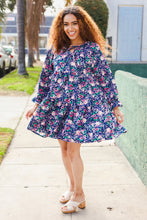 Load image into Gallery viewer, Feeling Joyful Navy Floral Bow Tie Babydoll Long Ruffle Sleeve Dress
