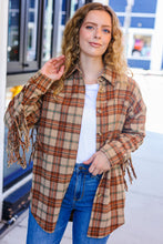 Load image into Gallery viewer, Boldly You Taupe &amp; Rust Flannel Plaid Fringe Jacket
