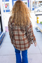 Load image into Gallery viewer, Boldly You Taupe &amp; Rust Flannel Plaid Fringe Jacket
