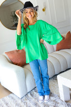 Load image into Gallery viewer, Joyful Green Crepe Back Tie Strap Crochet Bell Sleeve Blouse
