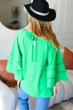 Load image into Gallery viewer, Joyful Green Crepe Back Tie Strap Crochet Bell Sleeve Blouse
