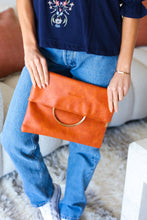 Load image into Gallery viewer, Burnt Sienna Fold Over Gold O-Ring Faux Leather Clutch
