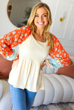 Load image into Gallery viewer, Hello Beautiful Oatmeal &amp; Orange Square Neck Paisley Floral Blouse
