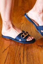 Load image into Gallery viewer, Black Chain Detail Notched Slide Sandals
