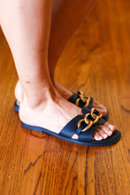 Load image into Gallery viewer, Black Chain Detail Notched Slide Sandals
