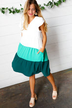 Load image into Gallery viewer, Seafoam &amp; Emerald Tiered Frill Sleeve Midi Dress
