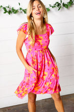 Load image into Gallery viewer, Fuchsia &amp; Orange Tropical Floral Square Neck Dress
