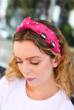 Load image into Gallery viewer, Fuchsia Stone &amp; Gem Football Embellished Top Knot Headband
