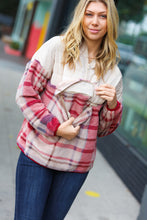 Load image into Gallery viewer, Tried &amp; True Oatmeal &amp; Garnet Plaid Half Zip Puffer Hoodie
