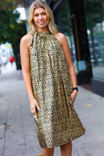 Load image into Gallery viewer, Embrace Joy Black &amp; Gold Foil Animal Print Halter Lined Holiday Dress
