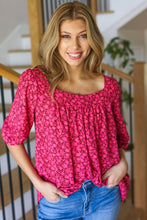 Load image into Gallery viewer, Perfectly You Fuchsia Floral Three Quarter Sleeve Square Neck Top
