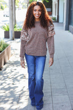 Load image into Gallery viewer, Fall Diva Brown Two Tone Knit Floral Print Frill Detail Sweater
