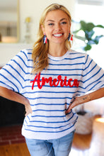 Load image into Gallery viewer, America Proud Blue Striped Embroidered Puff Sleeve Top
