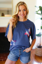 Load image into Gallery viewer, Patriotic Denim Blue French Terry Plaid Start Patch Top
