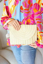 Load image into Gallery viewer, Raffia Flap Closure Clutch Bag with Wrist Strap and Pom Pom
