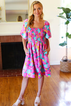 Load image into Gallery viewer, Vacay Vibes Fuchsia Floral Print Fit &amp; Flare Smocked Dress
