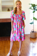 Load image into Gallery viewer, Vacay Vibes Fuchsia Floral Print Fit &amp; Flare Smocked Dress
