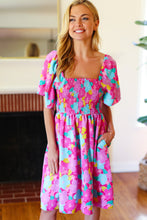 Load image into Gallery viewer, Vacay Vibes Fuchsia Floral Print Fit &amp; Flare Smocked Dress
