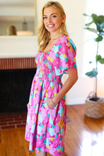 Load image into Gallery viewer, Vacay Vibes Fuchsia Floral Print Fit &amp; Flare Smocked Dress
