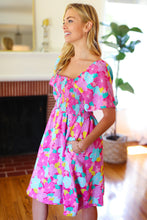 Load image into Gallery viewer, Vacay Vibes Fuchsia Floral Print Fit &amp; Flare Smocked Dress
