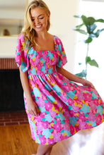 Load image into Gallery viewer, Vacay Vibes Fuchsia Floral Print Fit &amp; Flare Smocked Dress
