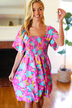 Load image into Gallery viewer, Vacay Vibes Fuchsia Floral Print Fit &amp; Flare Smocked Dress
