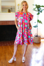 Load image into Gallery viewer, Look of Love Fuchsia Abstract Floral Print Smocked Ruffle Sleeve Dress
