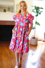 Load image into Gallery viewer, Look of Love Fuchsia Abstract Floral Print Smocked Ruffle Sleeve Dress
