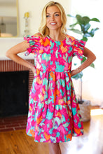 Load image into Gallery viewer, Look of Love Fuchsia Abstract Floral Print Smocked Ruffle Sleeve Dress
