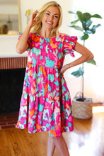 Load image into Gallery viewer, Look of Love Fuchsia Abstract Floral Print Smocked Ruffle Sleeve Dress
